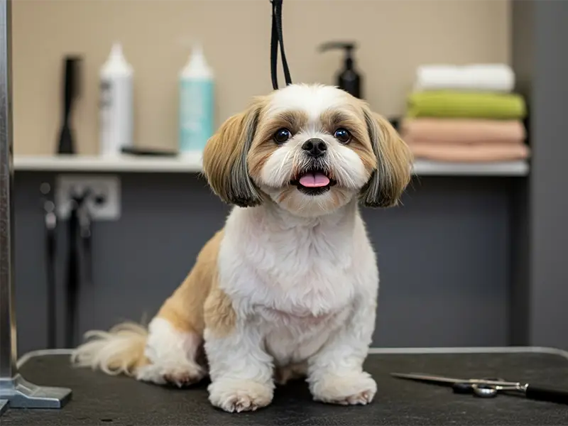 A Shih Tzu dog ready for a groom